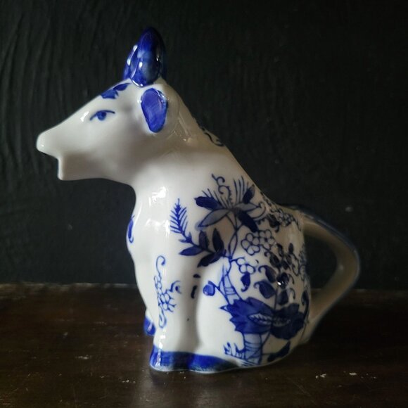 Vintage Blue and White Porcelain Cow Creamer With Blue Floral Design - Picture 2 of 8